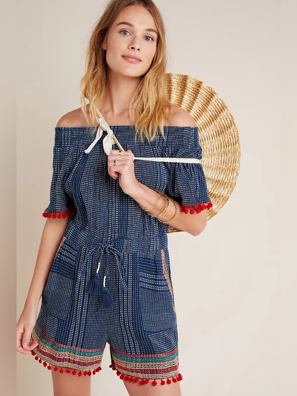 THML Cross Stitch Embroidered Off-the-Shoulder Romper | XS | Cotton